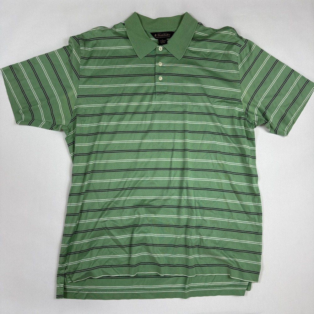 Brooks Brothers Mens XL Green Striped Mercerized Cotton Short Sleeve Polo Shirt